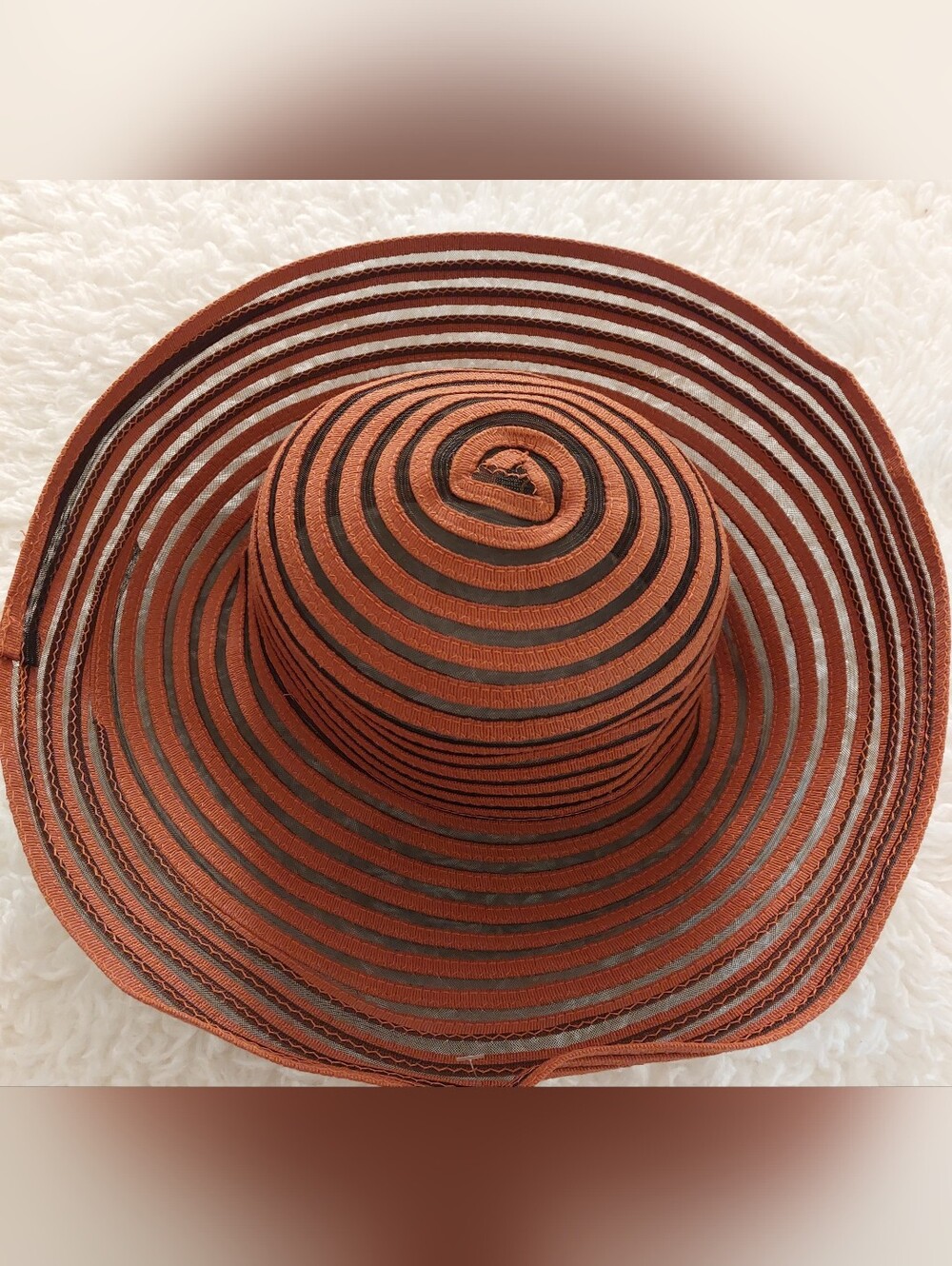 Saks Fifth Avenue Striped Wide-Brim Sun Hat in Rust and Black - Picture 7 of 8